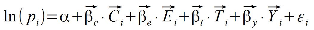 Hedonic Price Model. ln(p_i) = %alpha+widevec{%beta_c}{}{}{} cdot widevec{C_i}+ widevec{%beta_e} {}{}{}cdot widevec{E_i}+ widevec{%beta_t}{}{}{} cdot widevec{T_i}+widevec{%beta_y} {}{}{}cdot widevec{Y_i}+%ivarepsilon_i